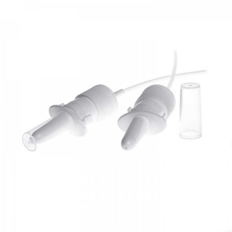 Plastový aplikátor tekutín do nosa bielej farby. Nosný sprej je vhodný na kombinovanie so všetkými sklenenými fľaškami s hrdlom 18 mm.
Obal je certif