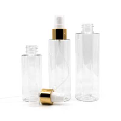Plastová fľaša priehľadná, biely rozprašovač, zlatá lesklá obruč, 150 ml