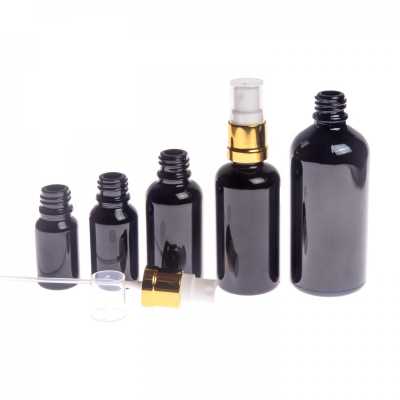 Sklenená fľaška, čierna lesklá, bielo-zlatý rozprašovač, 50 ml