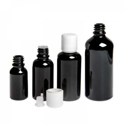 Sklenená fľaška, čierna lesklá, biely vrchnák s poistkou, 50 ml