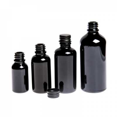 Sklenená fľaška, čierna lesklá, čierny hliníkový vrchnák, 50 ml