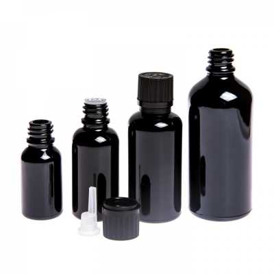 Sklenená fľaška, čierna lesklá, čierny vrúbkovaný vrchnák s poistkou, 100 ml