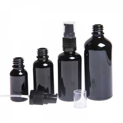 Sklenená fľaška, čierna lesklá, dávkovač krémov, 30 ml