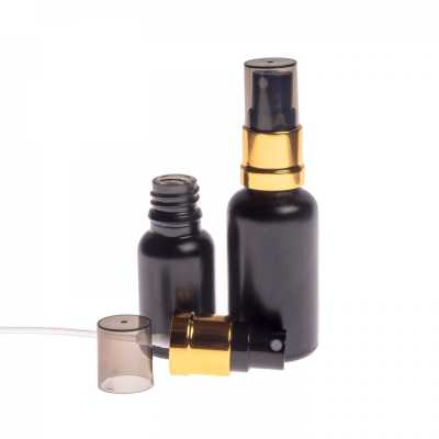 Sklenená fľaška, čierna matná, čierno-zlatý rozprašovač, 15 ml