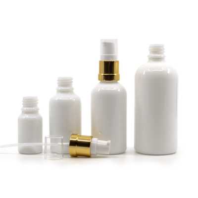Sklenená fľaška, liekovka, biela, bielo-zlatý lesklý dávkovač, 100 ml