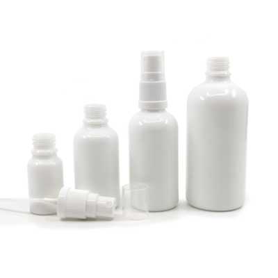 Sklenená fľaška, liekovka, biela, biely rozprašovač, 100 ml