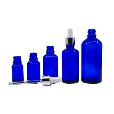 Sklenená fľaška, modrá, strieborné lesklé kvapátko, 15 ml