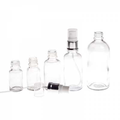 Sklenená fľaška, priehľadná, bielo-strieborný rozprašovač, 30 ml