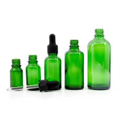 Sklenená fľaška, zelená, matné čierne kvapátko, 15 ml