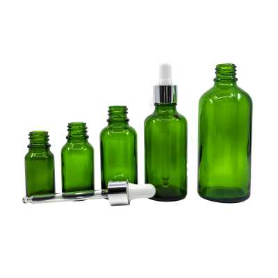 Sklenená fľaška, zelená, strieborné kvapátko, 30 ml