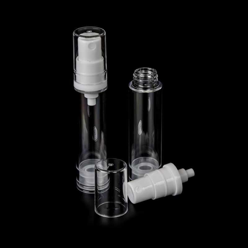 Priehľadná plastová airless fľaštička s objemom 10 ml, ktorá je ideálna na uskladnenie rôznych sér, ako napríklad hyalurónové. Funguje na princípe