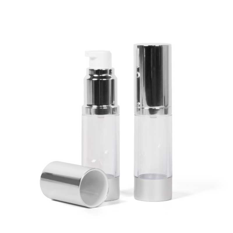 Airless fľaša, priehľadná s hliníkovým vrchnákom, 15 ml