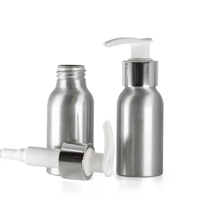 Hliníková fľaša, bielo-strieborný dávkovač, 50 ml