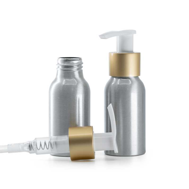 Hliníková fľaša, bielo-zlatý matný dávkovač, 50 ml
