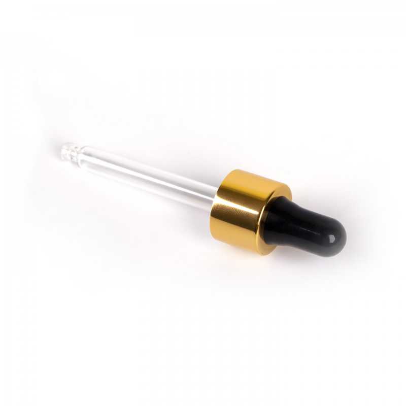 Sklenené kvapátko, v kombinácii čierna/zlatý lesk, vhodné na fľašku s priemerom hrdla 18 mm a objemom 10 ml. Dĺžka sklenenej tuby: 53 mmMateriál: skl
