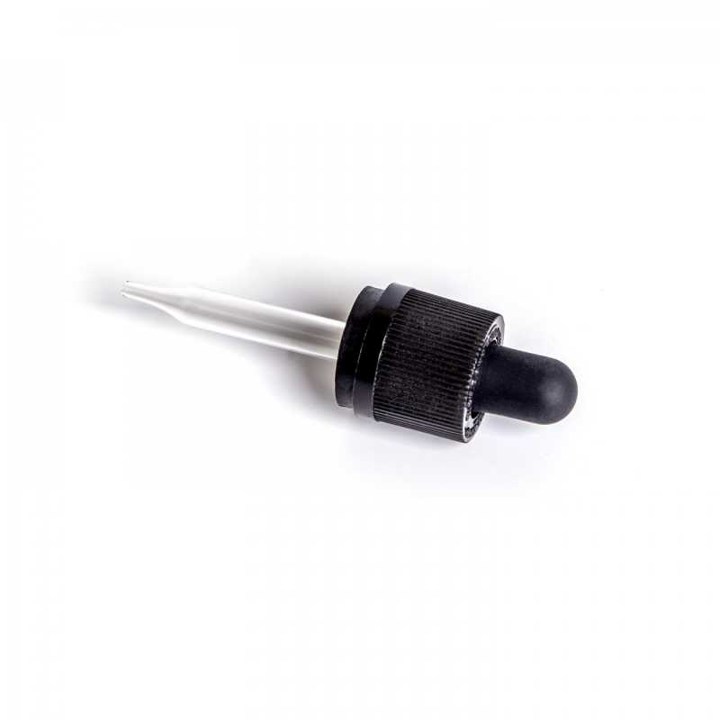 Sklenené čierne kvapátko s detskou poistkou ukončené pipetou, vhodné na fľašku s priemerom hrdla 18 mm a objemom 15 ml.Dĺžka sklenenej tuby: 59 mmMate