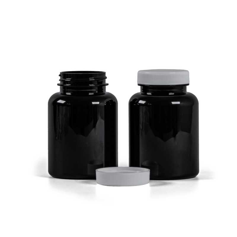 Plastová dóza na tabletky, čierna, biely vrchnák, 200 ml