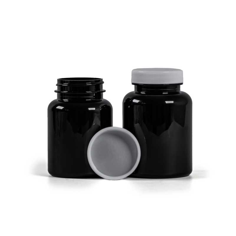 Plastová dóza na tabletky, čierna, biely vrchnák, indukčná vložka, 200 ml