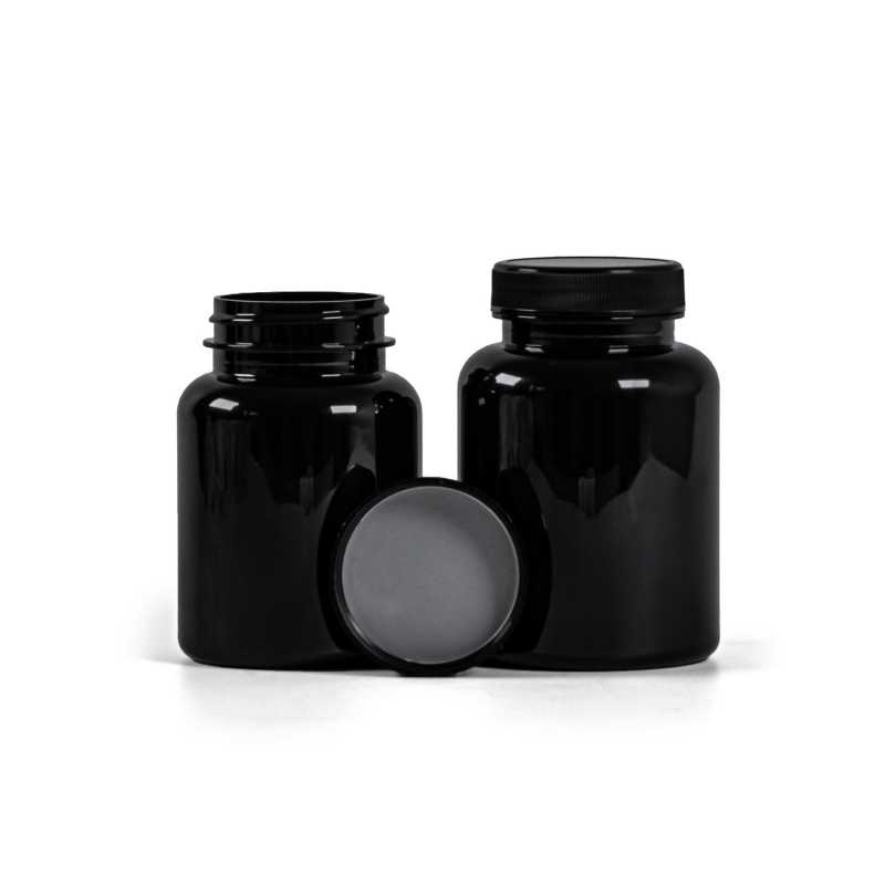 Plastová dóza na tabletky, čierny, čierny vrchnák, indukčná vložka, 200 ml
