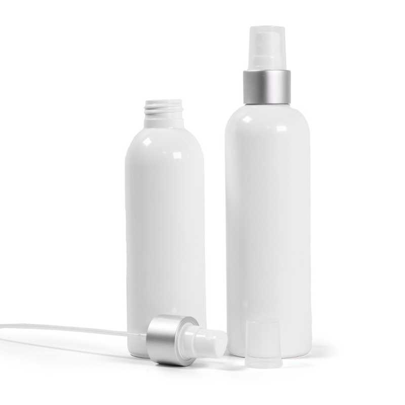 Plastová fľaša biela, biely rozprašovač, strieborná matná obruč, 250 ml