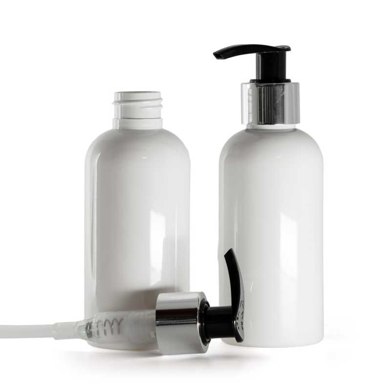 Plastová fľaša biela, čierno-strieborný dávkovač, 150 ml