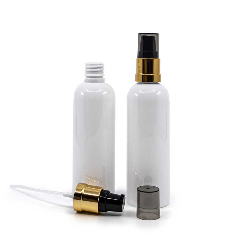 Plastová fľaša biela, čierno-zlatý dávkovač, lesklý s dymovým krytom, 100 ml