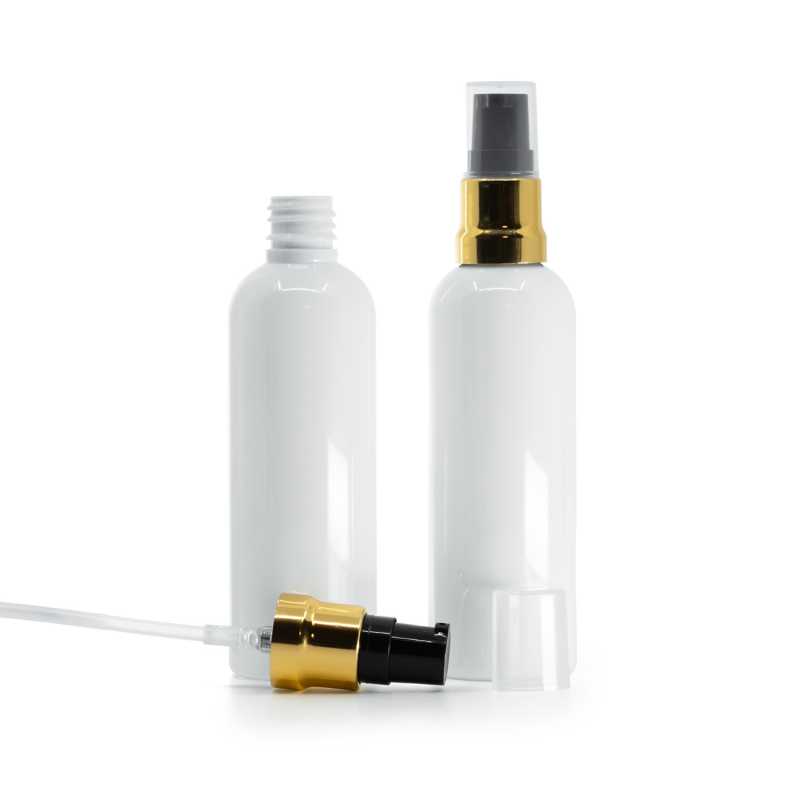 Plastová fľaša biela, čierno-zlatý lesklý dávkovač, priehľadný vrch, 100 ml