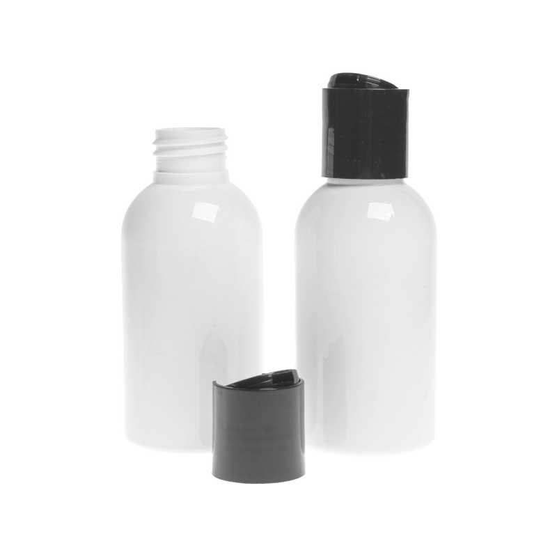 Plastová fľaša biela, čierny disc top, 100 ml