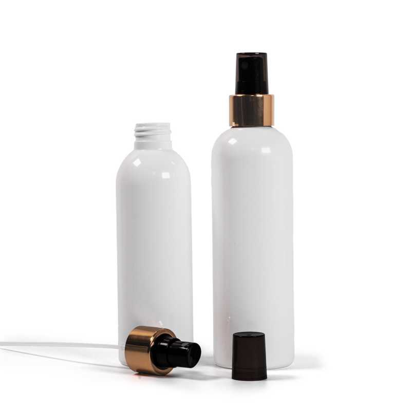 Plastová fľaša biela, čierny rozprašovač, zlatá lesklá obruč, 250 ml