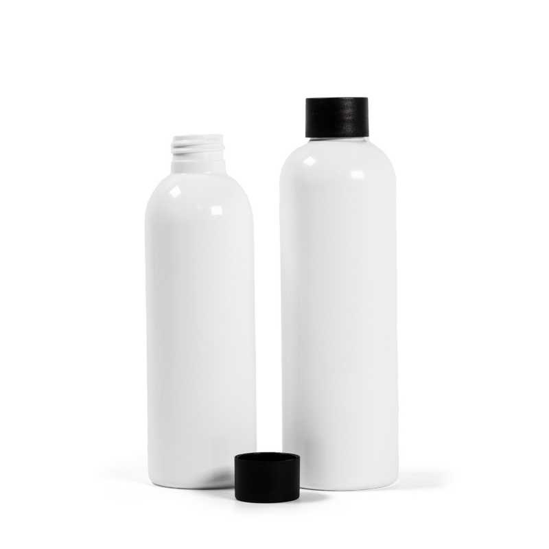 Plastová fľaša biela, čierny vrchnák, 250 ml