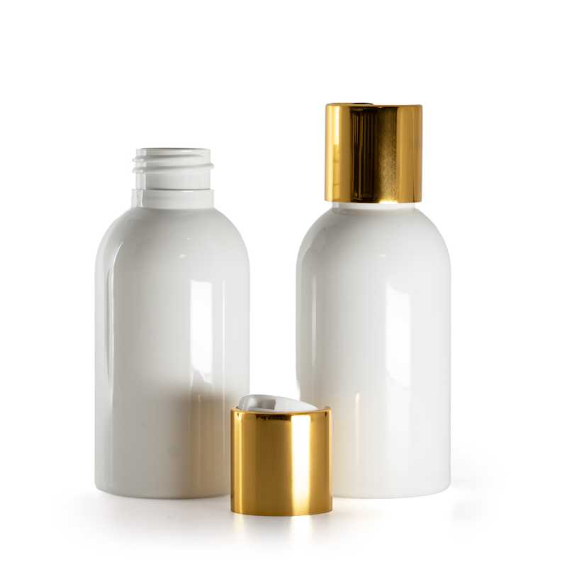 Plastová fľaša, biela, disc top vrchnák, zlatý, biely stred, 100 ml