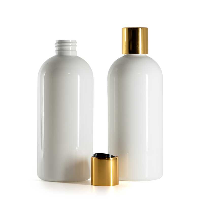 Plastová fľaša, biela, disc top vrchnák, zlatý, čierny stred, 300 ml