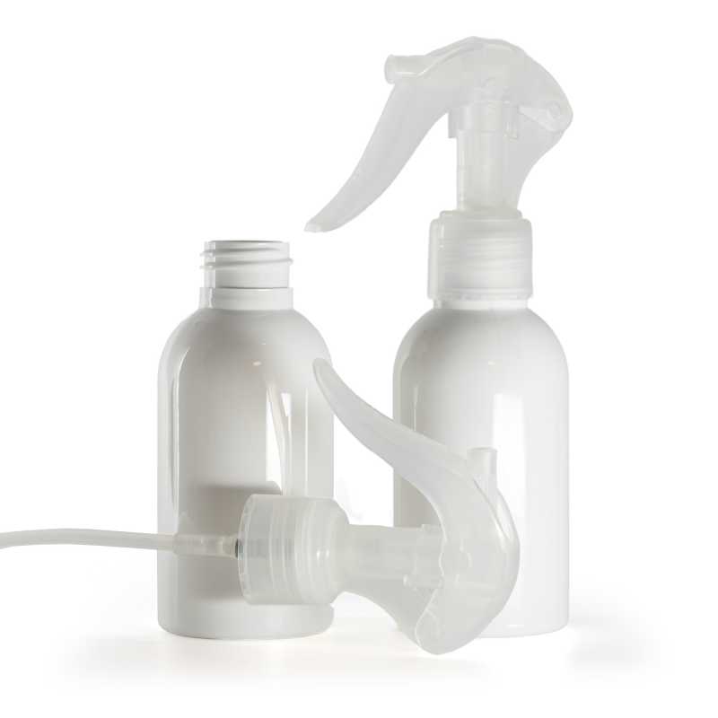 Plastová fľaša, biela, priehľadný pákový rozprašovač, 100 ml