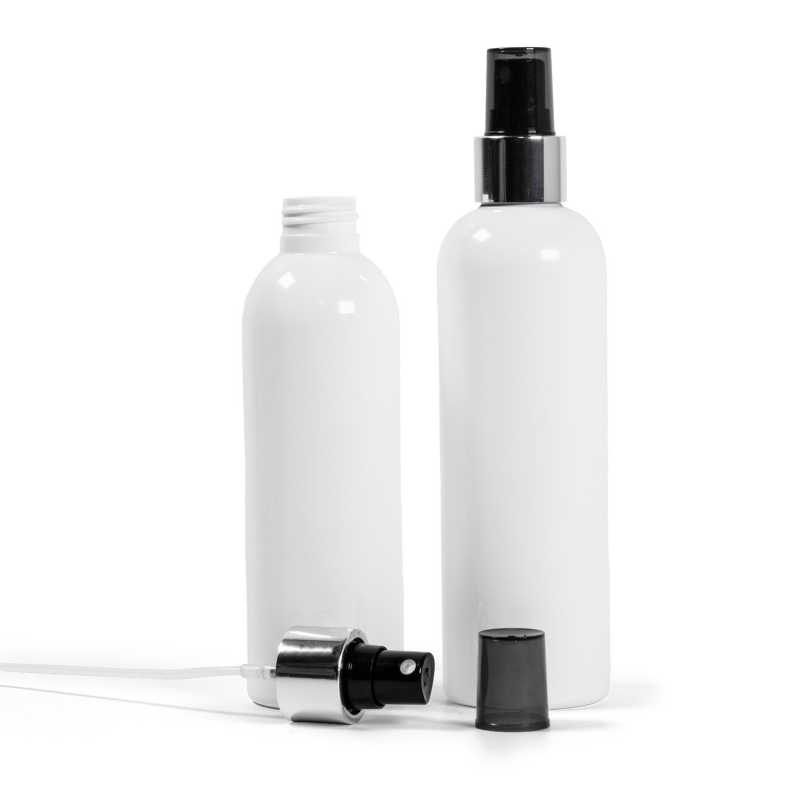 Plastová fľaša biela, rozprašovač čierny, strieborná lesklá obruč, 250 ml