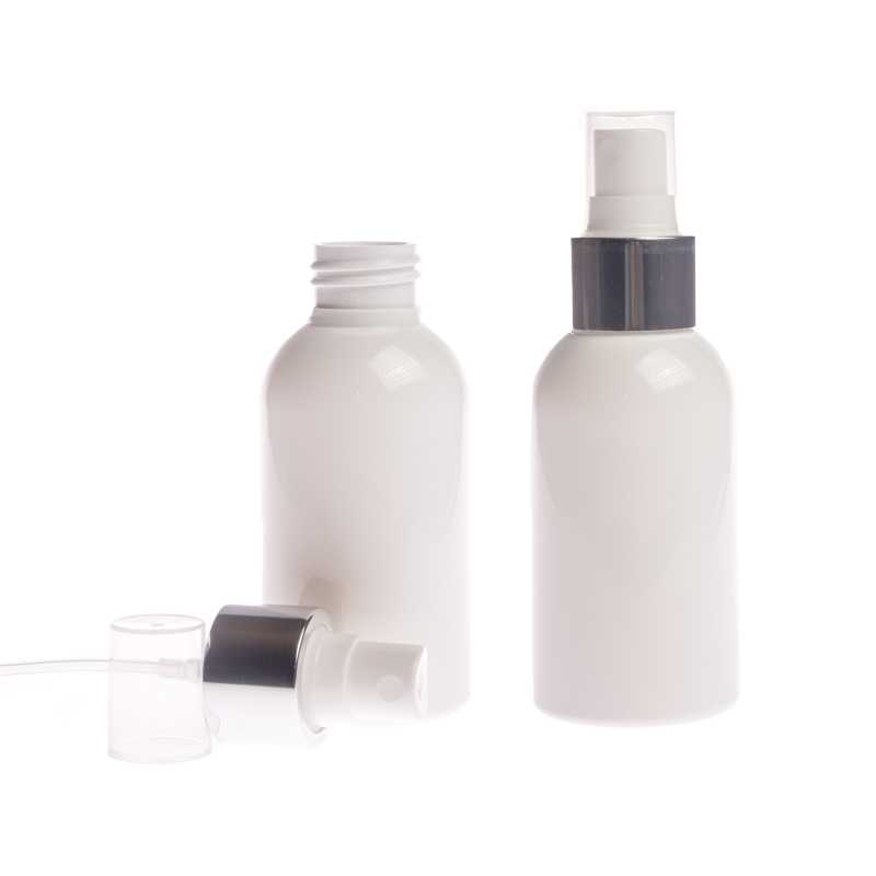 Plastová fľaša biela s bielym rozprašovačom, strieborná lesklá obruč, 150 ml