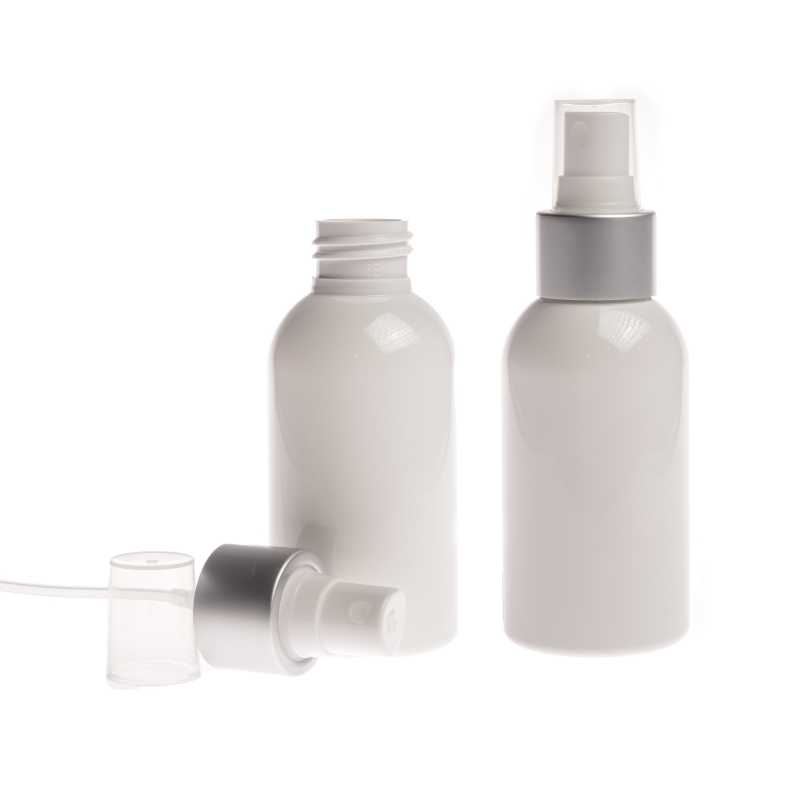 Plastová fľaša biela s bielym rozprašovačom, strieborná matná obruč, 150 ml