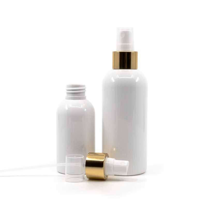 Plastová fľaša biela, s bielym rozprašovačom, zlatá lesklá obruč, 150 ml