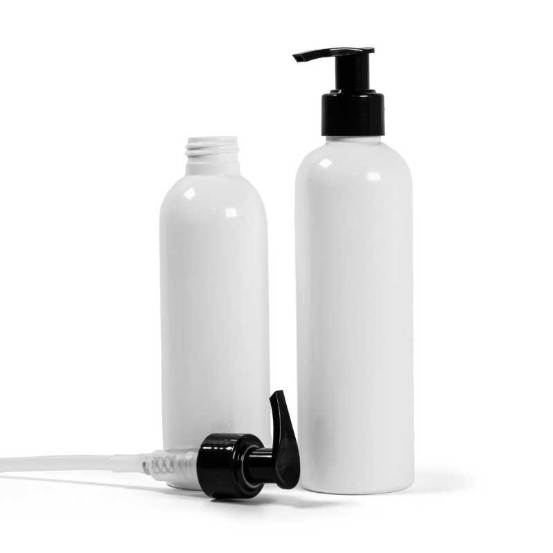 Plastová fľaša biela s čiernym dávkovačom, 250 ml