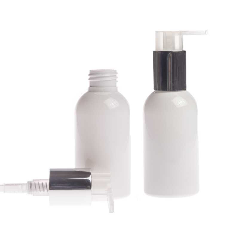 Plastová fľaša biela so strieborným dávkovačom, 150 ml