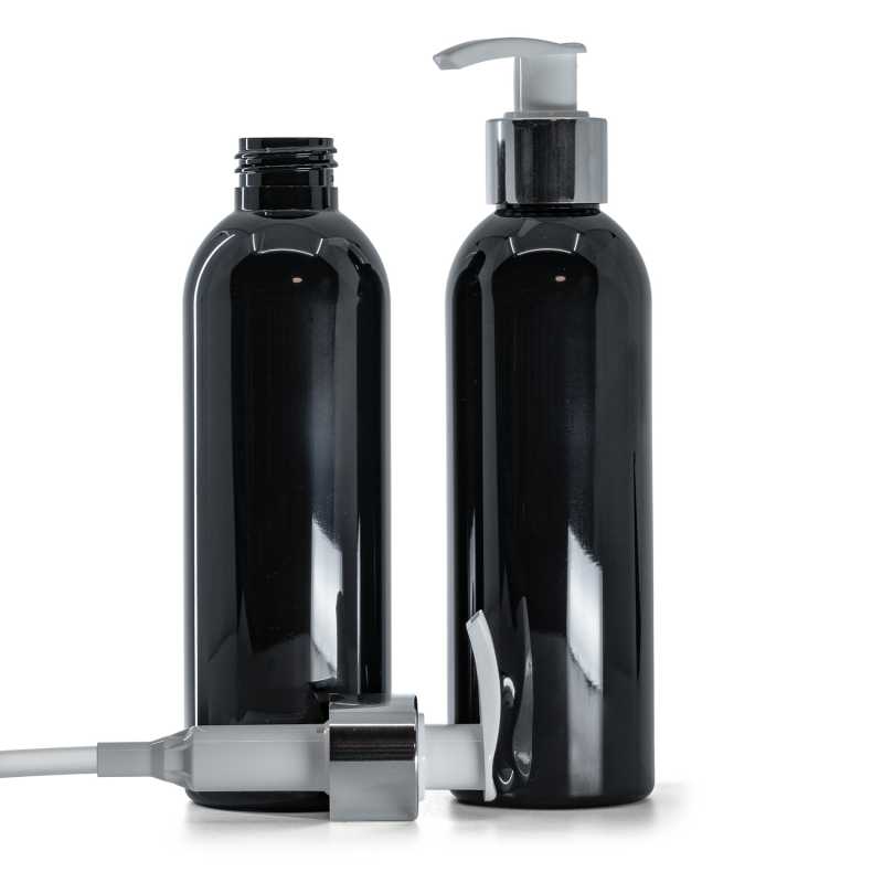 Plastová fľaša, čierna lesklá, bielo-strieborný dávkovač, 200 ml