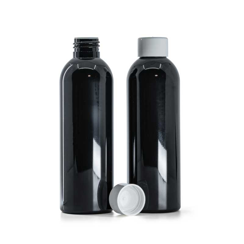 Plastová fľaša, čierna lesklá, vrchnák hladký biely s redukciou, 200 ml