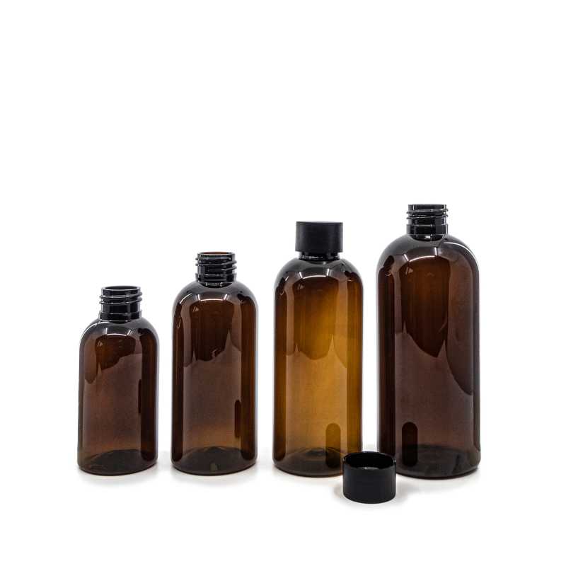 Plastová fľaša, hnedá, 24/410, matný čierny vrchnák, 300 ml