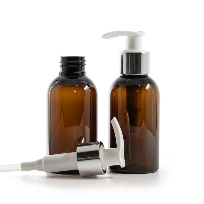 Plastová fľaša, hnedá, bielo-strieborný dávkovač, 100 ml