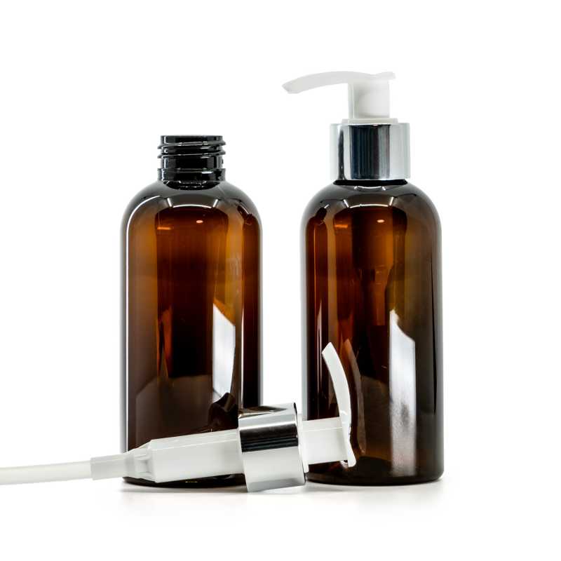 Plastová fľaša, hnedá, bielo-strieborný dávkovač, 150 ml