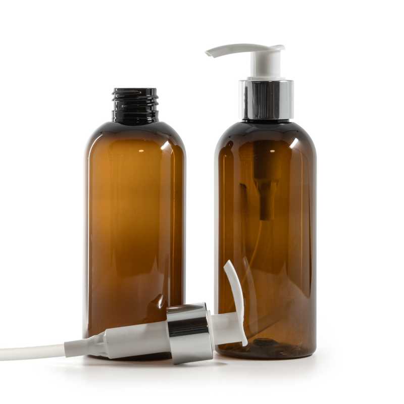 Plastová fľaša, hnedá, bielo-strieborný dávkovač, 200 ml