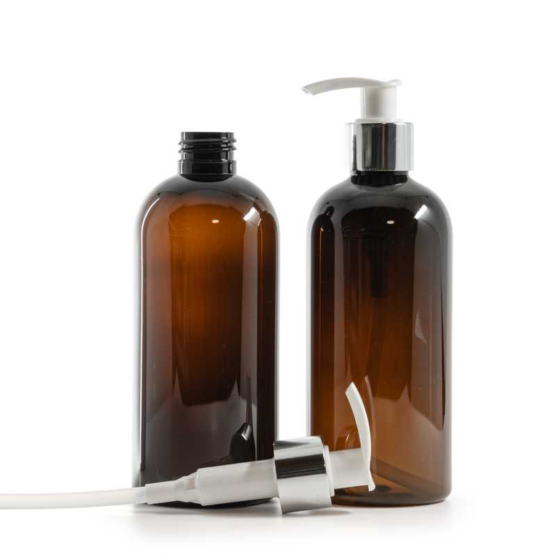 Plastová fľaša, hnedá, bielo-strieborný dávkovač, 300 ml