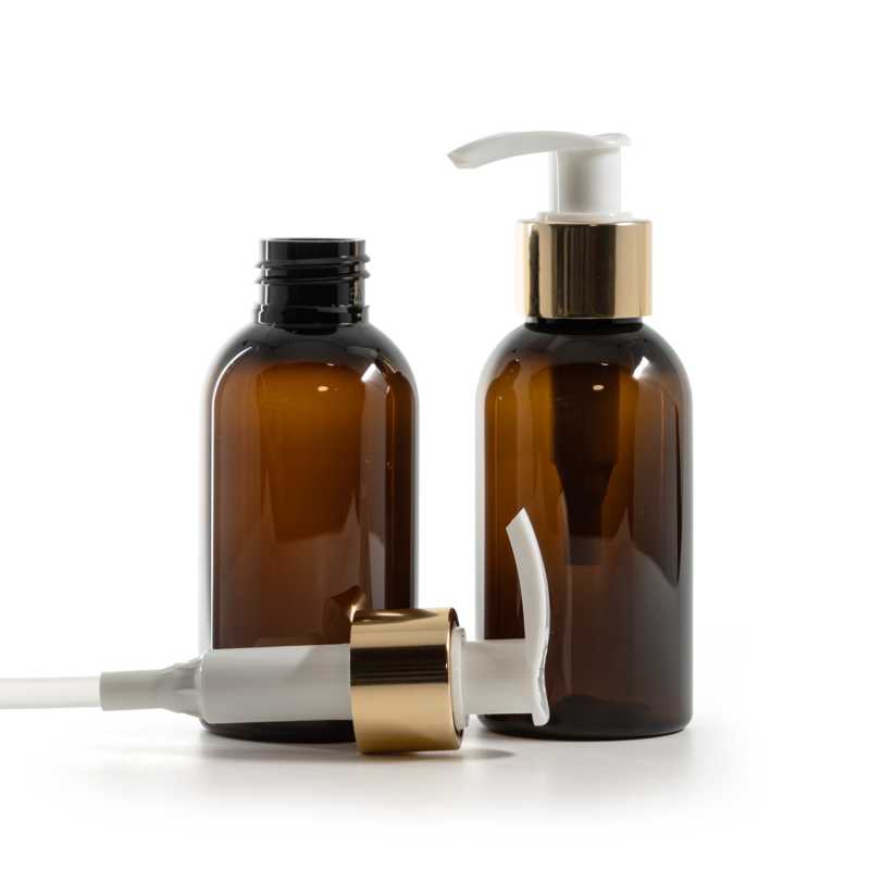 Plastová fľaša, hnedá, bielo-zlatý dávkovač, 100 ml