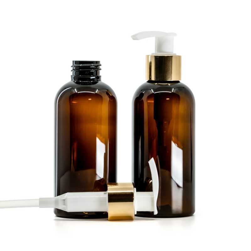 Plastová fľaša, hnedá, bielo-zlatý dávkovač, 150 ml