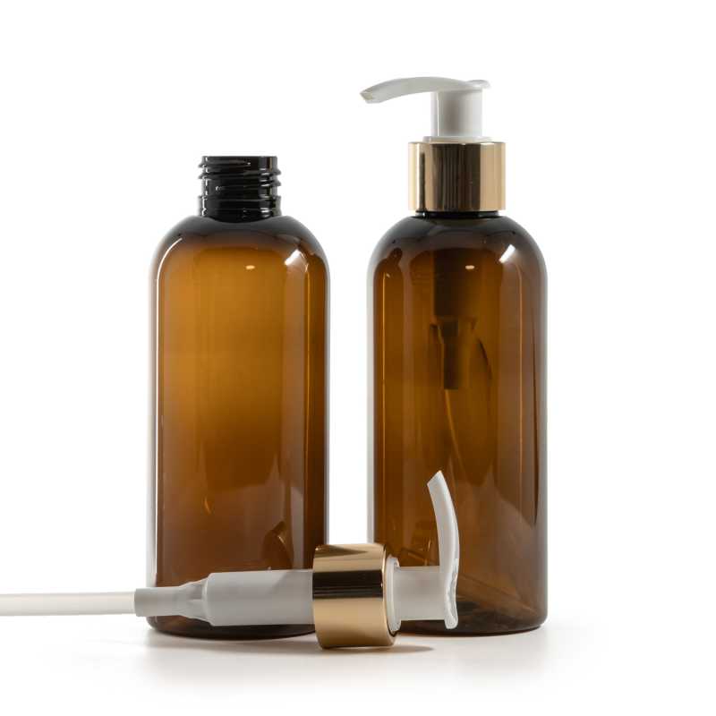 Plastová fľaša, hnedá, bielo-zlatý dávkovač, 200 ml