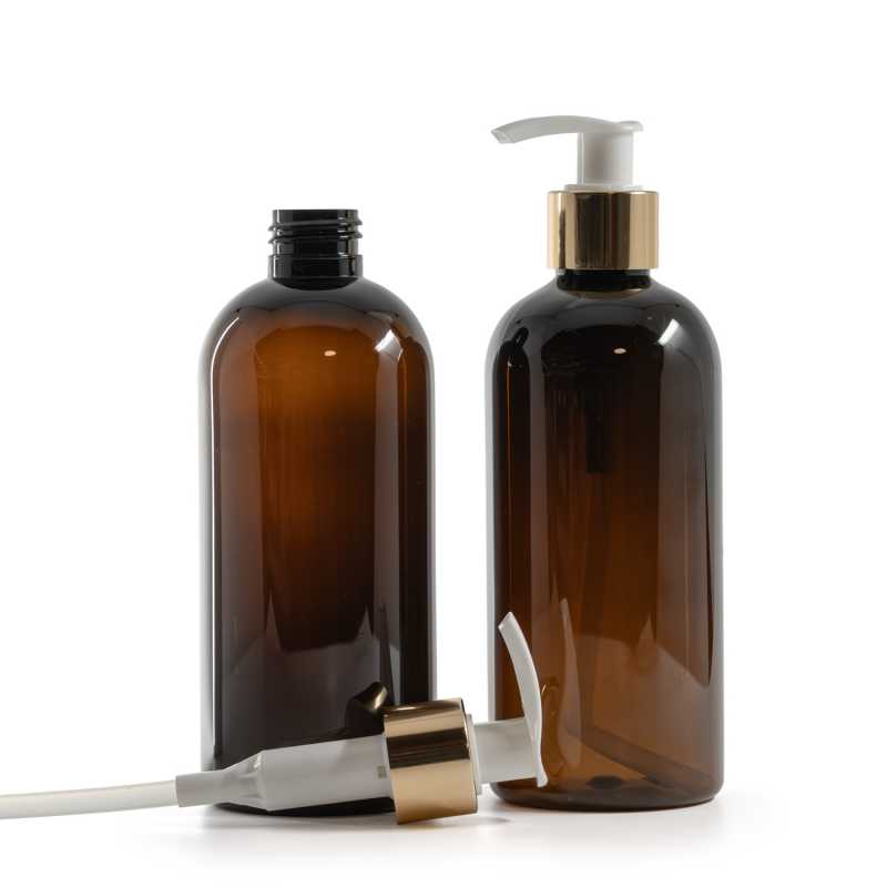 Plastová fľaša, hnedá, bielo-zlatý dávkovač, 300 ml